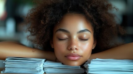 Peaceful Woman Resting on a Stack of Papers