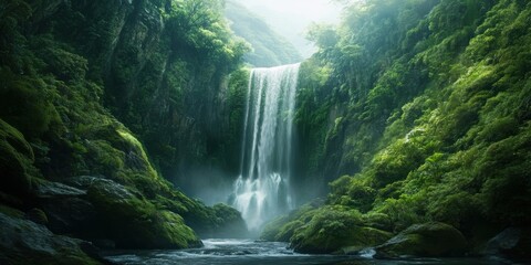 Waterfall cascading through a lush, green canyon.