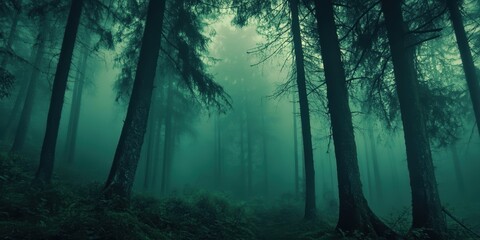 Obraz premium Foggy forest with tall trees.
