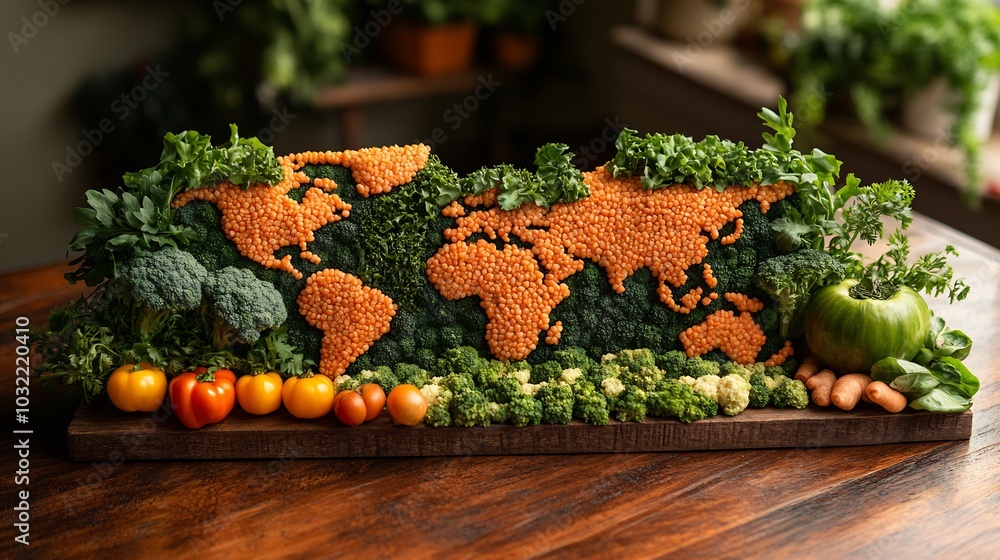 Poster artistic representation of a world map crafted from an array of fresh vegetables celebrating vegan d