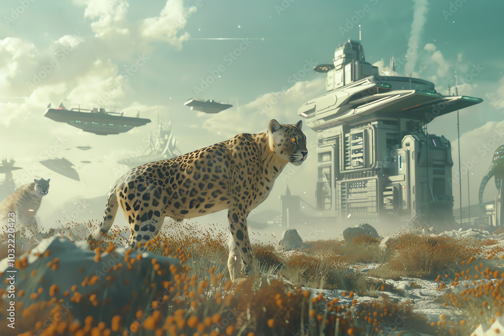 Poster capture a futuristic scene with animals displaying human-like behavior from a tilted angle view, in 