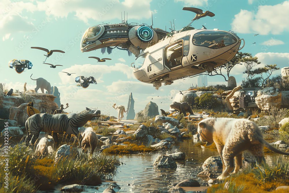 Poster capture a futuristic scene with animals displaying human-like behavior from a tilted angle view, in 