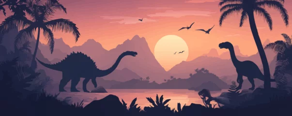 Selbstklebende Fototapeten Prehistoric dinosaurs silhouettes in tropical jungles. Vector scene with silhouetted dino species roam landscape with ferns, rocks, palm trees and large sun at dusk sky. Ancient Jurassic era panorama © Іван Ніколов