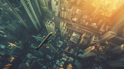Capture a high-angle view of a dystopian cityscape, featuring aviation milestones subtly integrated into the landscape, from a unique and unexpected camera angle Render it in a digital glitch art styl