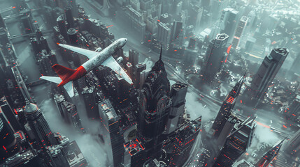 Capture a high-angle view of a dystopian cityscape, featuring aviation milestones subtly integrated into the landscape, from a unique and unexpected camera angle Render it in a digital glitch art styl