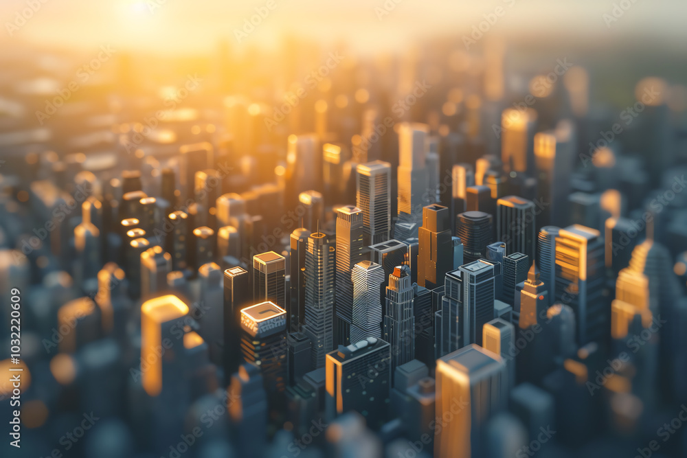 Poster capture a sleek, minimalist cityscape from a birds eye view, using avant-garde 3d rendering techniqu