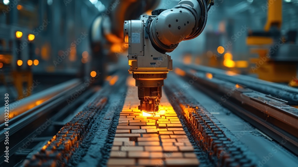 Poster close-up of a robotic arm welding a metal part on an assembly line in a factory.