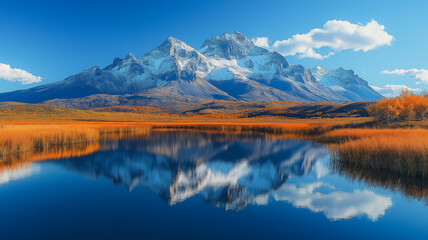 A beautiful mountain range with a lake in the foreground