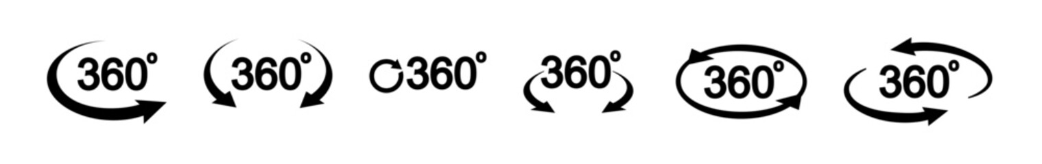 360 degree view related icon set. Signs and arrows for indicate the rotation and panorama. Vector