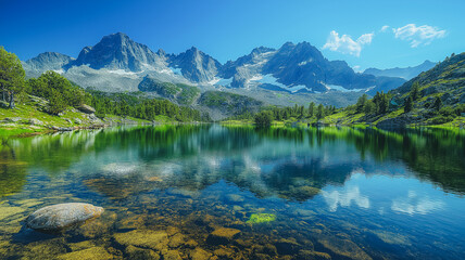 A beautiful lake surrounded by mountains with a clear blue sky above