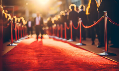 Red carpet rolling out in front of glamorous movie premiere with paparazzi in the background. In the far background we see blurred people.