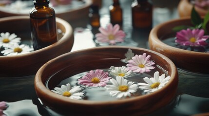 Naklejka premium Floating daisies in wooden bowls with aromatherapy oils for tranquil water wellness