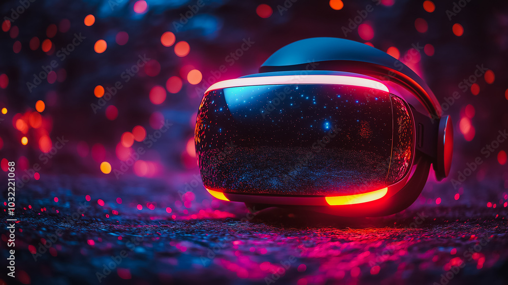 Poster a virtual reality headset is lit up in a dark room. the room is filled with bright lights and the he