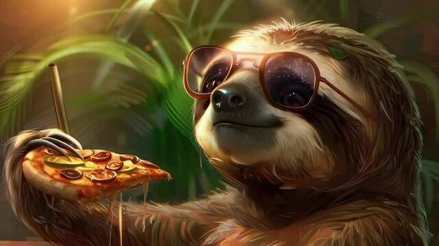 cute handsome sloth eating pizza