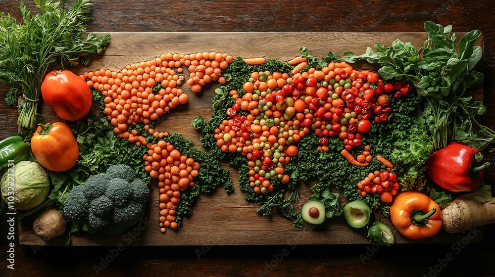 Poster artistic representation of a world map crafted from an array of fresh vegetables celebrating vegan d