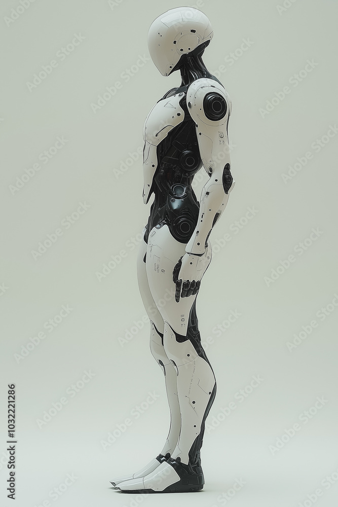 Poster minimalistic robotic figure, with smooth curves and advanced tech, standing alone on a pristine whit