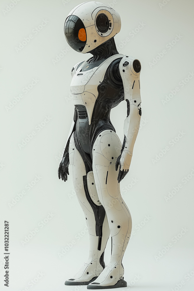 Poster innovative robot design, sleek and angular, isolated on a white background