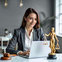 A confident female lawyer working on her laptop, smiling at the camera with a golden Lady Justice statue beside her. Perfect for legal services, law firm promotions, and professional branding