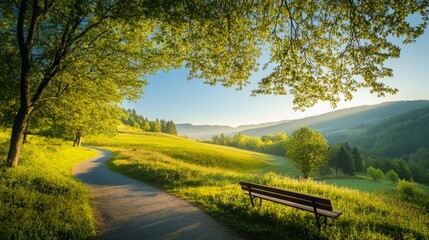 Naklejka premium Tranquil Morning Landscape with Winding Road, Inviting Bench, and Lush Greenery Under a Clear Blue Sky, Capturing Peaceful Nature and Serene Outdoor Scenery