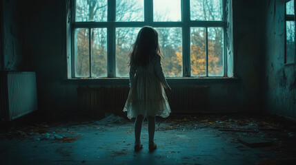 A ghostly child in a tattered dress hovers silently in the dark, abandoned room of a haunted house, the shadows around her twisting unnaturally as the wind howls outside