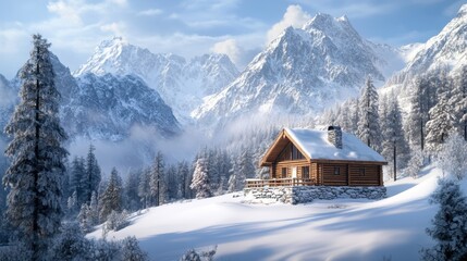 Snowy cabin in the mountain forest.