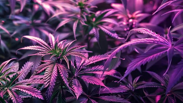 Vibrant cannabis leaves under pink and purple lighting, close-up view. Botanical and horticulture concept.
