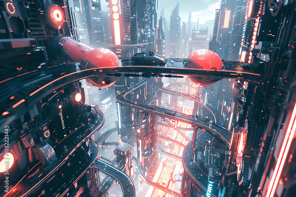 Poster capture the essence of futuristic technologies through a tilted angle view, set against an urban exp