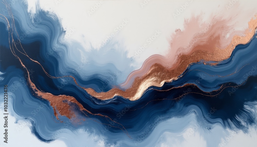 Poster a tranquil blend of deep blues and soft pinks flows together, enriched by hints of copper, creating 