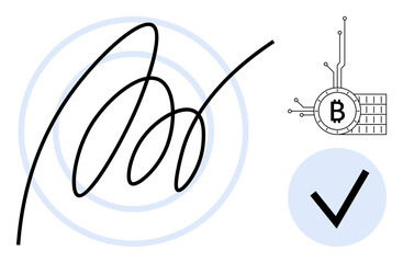 A digital signature over concentric circles, a blockchain Bitcoin symbol connected by lines, and a verified check mark in a light blue circle. Ideal for technology, cryptocurrency, digital security