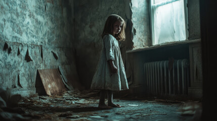 A frightening ghost of a child, her eyes empty and face pale, standing in the corner of a haunted room, the walls covered in faded, peeling wallpaper and the sound of distant whispers.