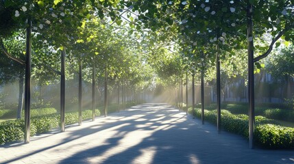 Fototapeta premium Sunbeams through leafy trees, pathway ahead.