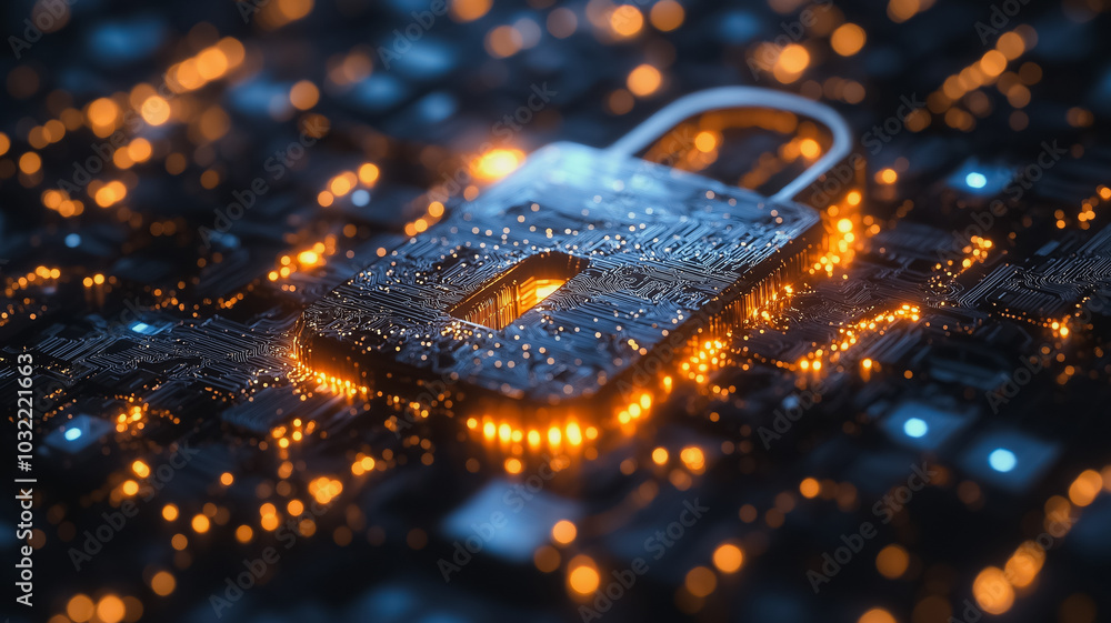 Poster a computer chip with a glowing lock on it. the lock is surrounded by a lot of other computer chips