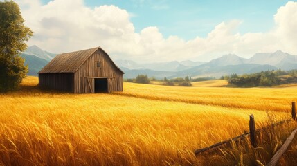 Golden field, wooden barn, distant mountains.