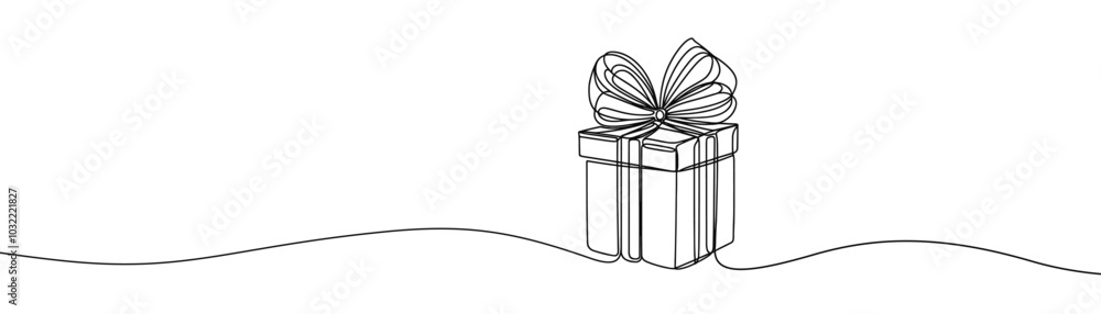 Wall mural Single drawing with a continuous line on a white background. Gift box with bow, holiday and Christmas concept