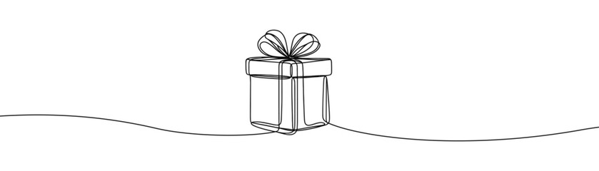 Single drawing with a continuous line on a white background. Gift box with bow, holiday and Christmas concept