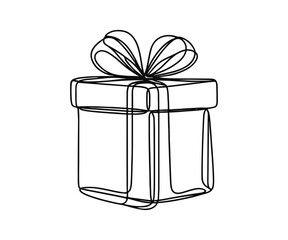 Single drawing with a continuous line on a white background. Gift box with bow, holiday and Christmas concept
