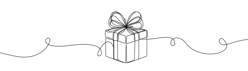 Single drawing with a continuous line on a white background. Gift box with bow, holiday and Christmas concept
