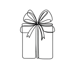 Single drawing with a continuous line on a white background. Gift box with bow, holiday and Christmas concept