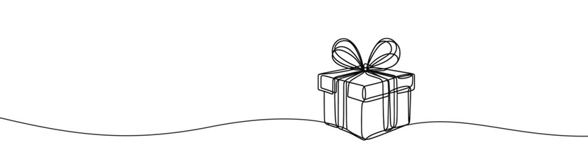 Single drawing with a continuous line on a white background. Gift box with bow, holiday and Christmas concept