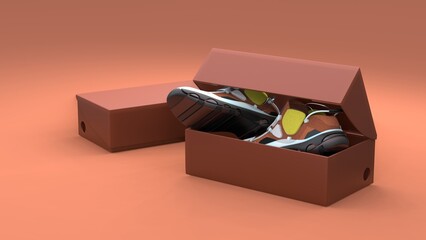 Pair of shoes in box package on red background. Modern design. 3d illustration.