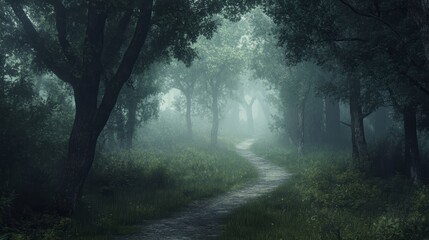 Obraz premium Misty forest path through dense trees.