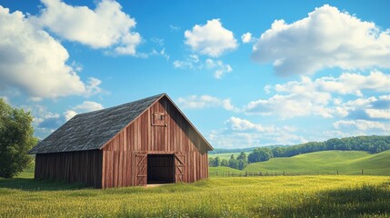Obraz premium Rustic barn in a grassy field with blue sky.