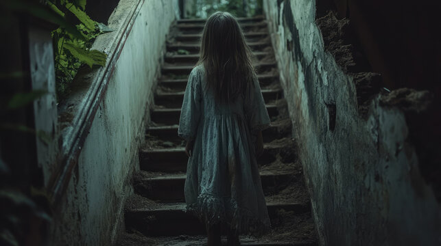 A girl in a white dress is walking down a dark staircase