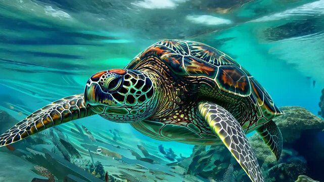 Sea turtle swimming underwater with vivid coral reef, marine life exploration concept.