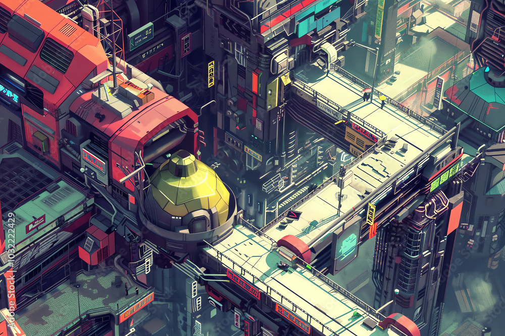 Poster combine street art motifs with futuristic technology elements seen from a unique aerial view use a p