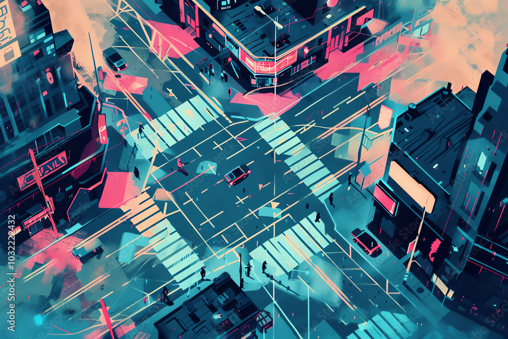 Poster combine street art motifs with futuristic technology elements seen from a unique aerial view use a p