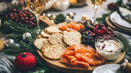 Naklejka premium Festive platter with salmon, crackers, and fruits