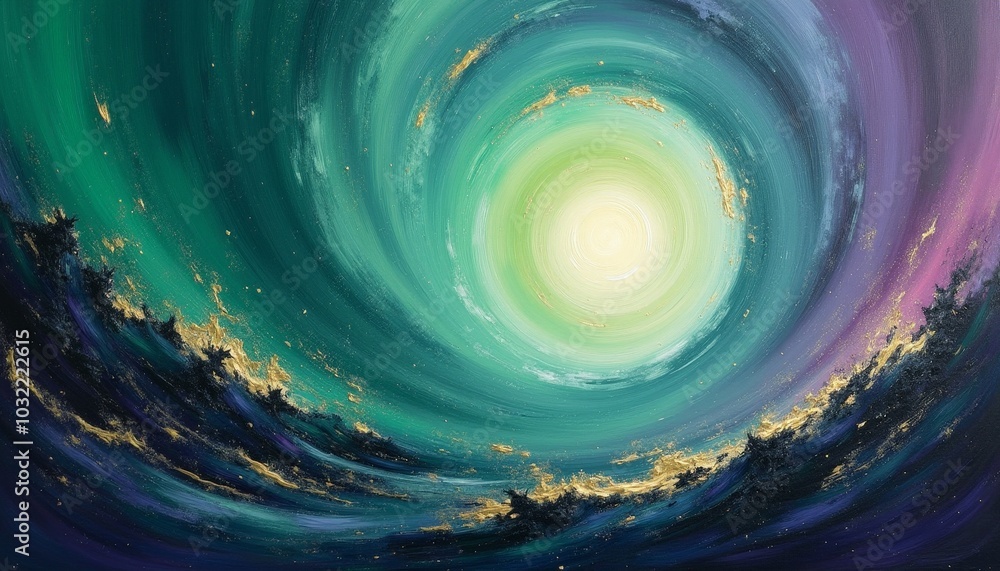 Poster swirling patterns of emerald and azure dance around a glowing orb, creating a dynamic visual represe