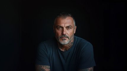 Mature man with tattoos, wearing a dark t-shirt, looking seriously at the camera in a dimly lit room.
