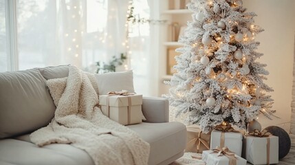 Cozy Living Room with Christmas Decor and Gifts